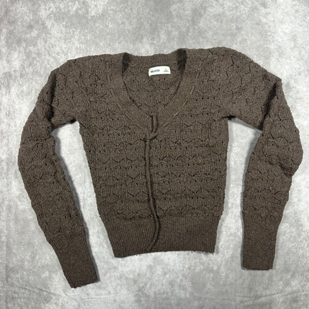 Hollister Brown Pointelle Knit V-Neck Tie Front Sweater Womens Small Long Sleeve
